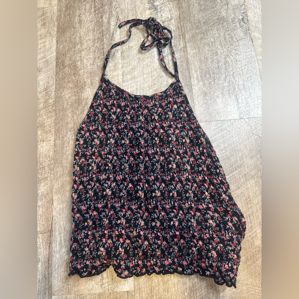 American Eagle size SMALL halter top, black w/ pink florals, low back tie